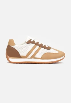 Beżowe Sneakersy z Perforacją i Wstawkami Alylena