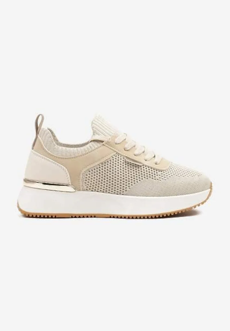 Beżowe Sneakersy z Siateczkową Cholewką Saramis