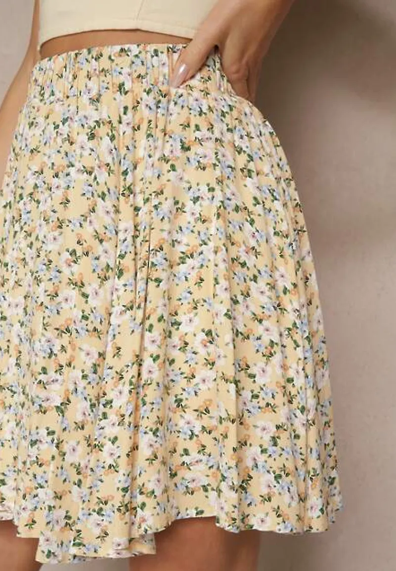 Beżowe Spódnico-Szorty High Waist w Kwiaty Sunevra