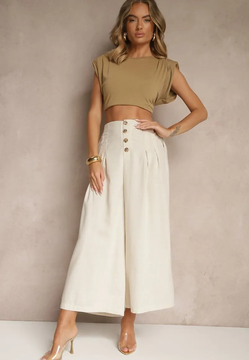 Beżowe Spodnie Culottes High Waist z Bawełny Zdobione Guzikami Izuma