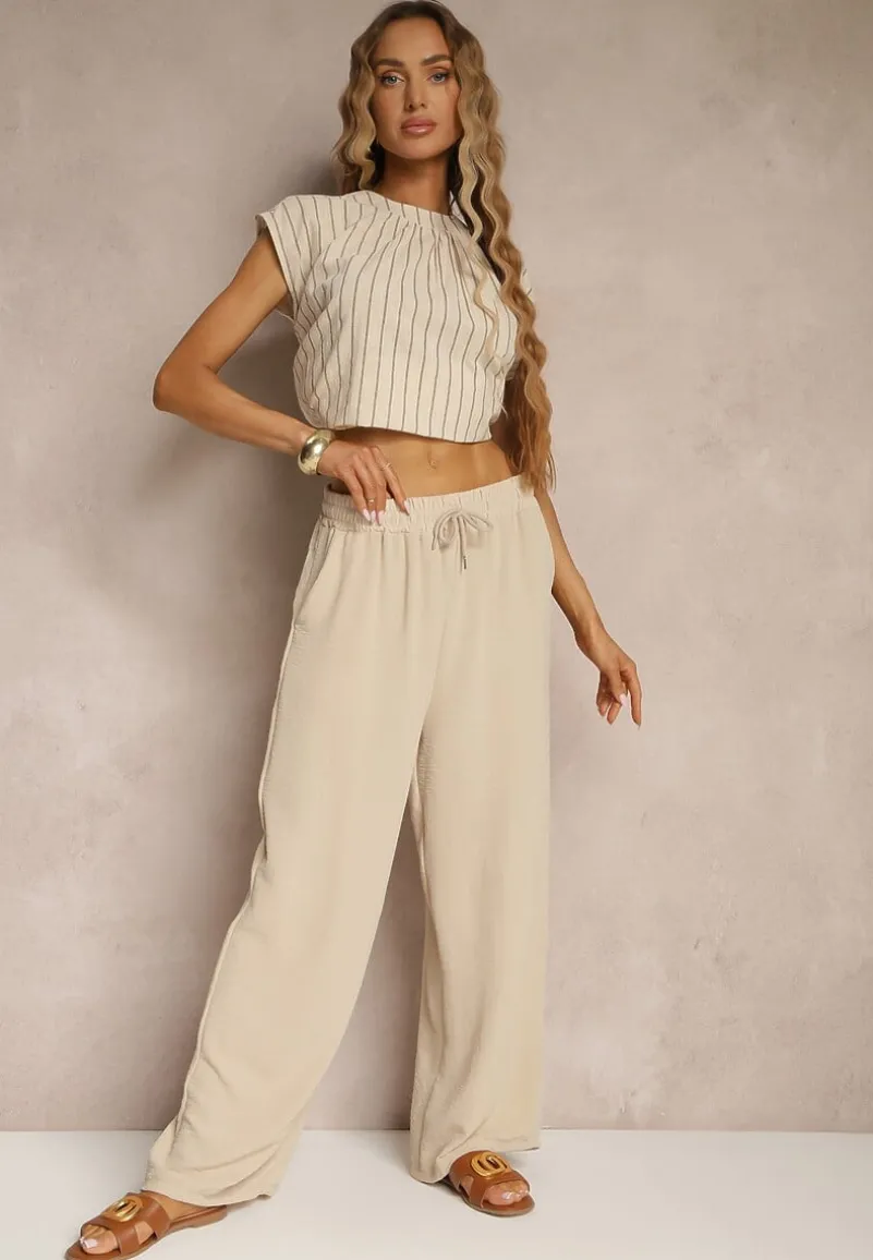 Beżowe Spodnie High Waist ze Sznurkiem w Talii i Prostą Nogawką Raveann