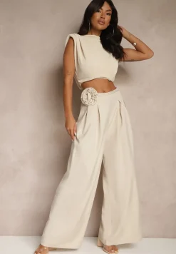 Beżowe Spodnie o Szerokim Kroju High Waist z Kwiatem 3D Firalisse