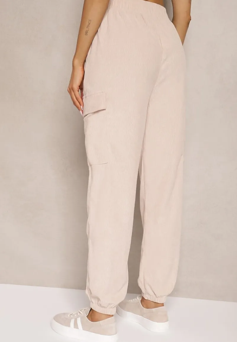Beżowe Spodnie Typu Cargo High Waist Worseli