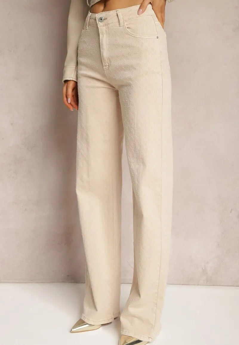 Beżowe Szerokie Jeansy z Bawełnianej Tkaniny Plumeti High Waist Rrisa