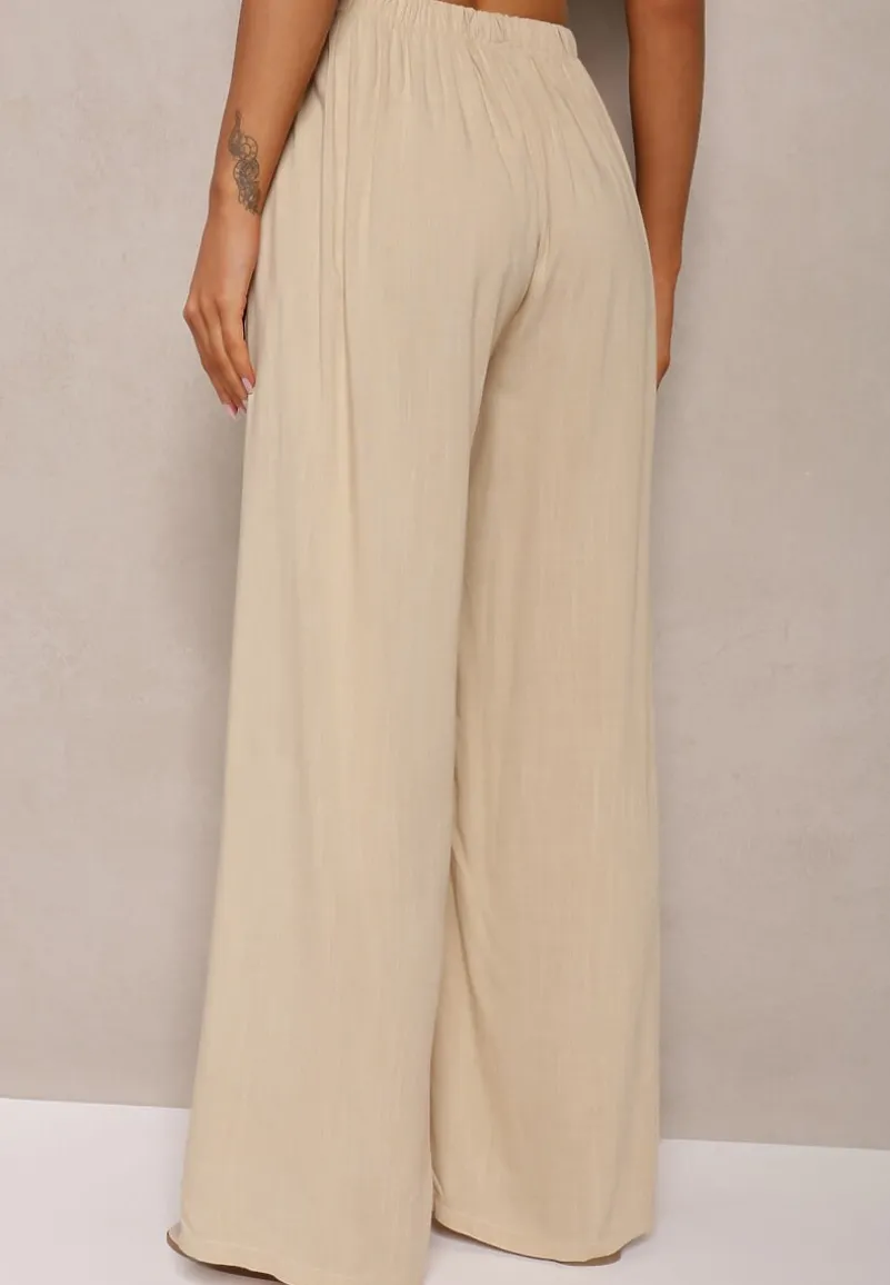 Beżowe Szerokie Spodnie High Waist z Gumką w Talii Ilnena