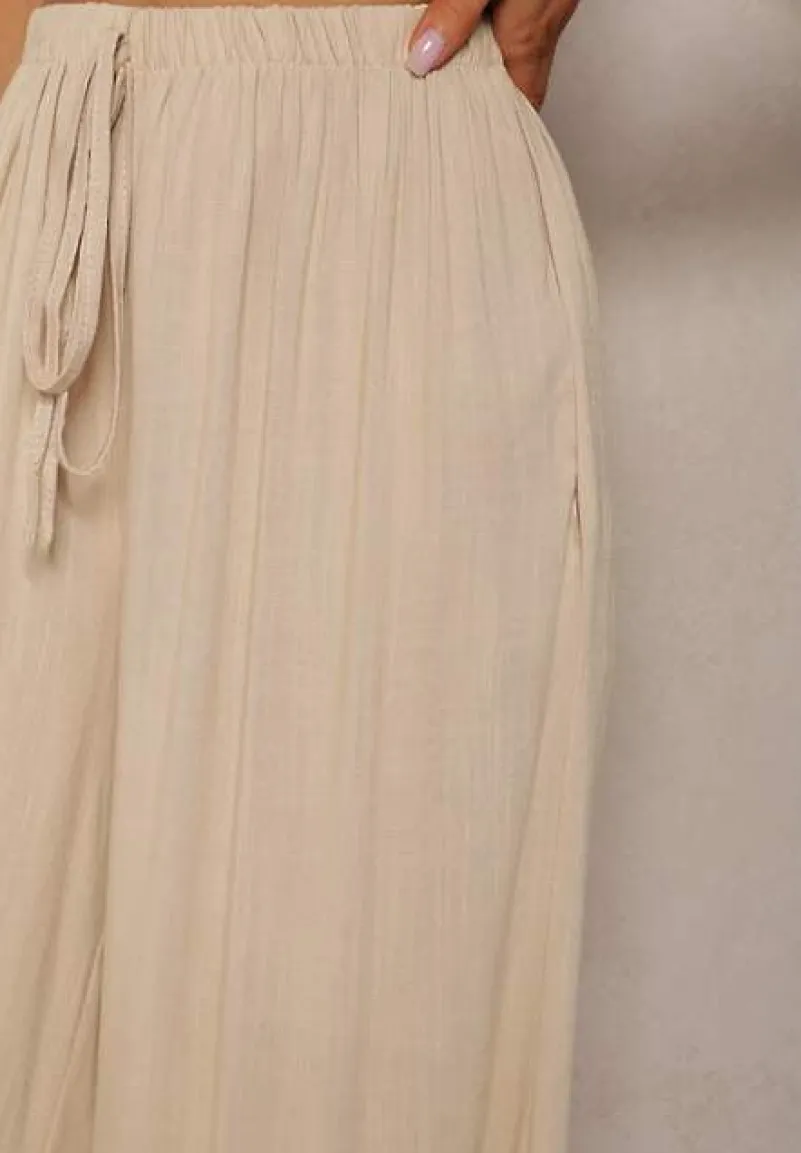 Beżowe Szerokie Spodnie High Waist z Gumką w Talii Ilnena