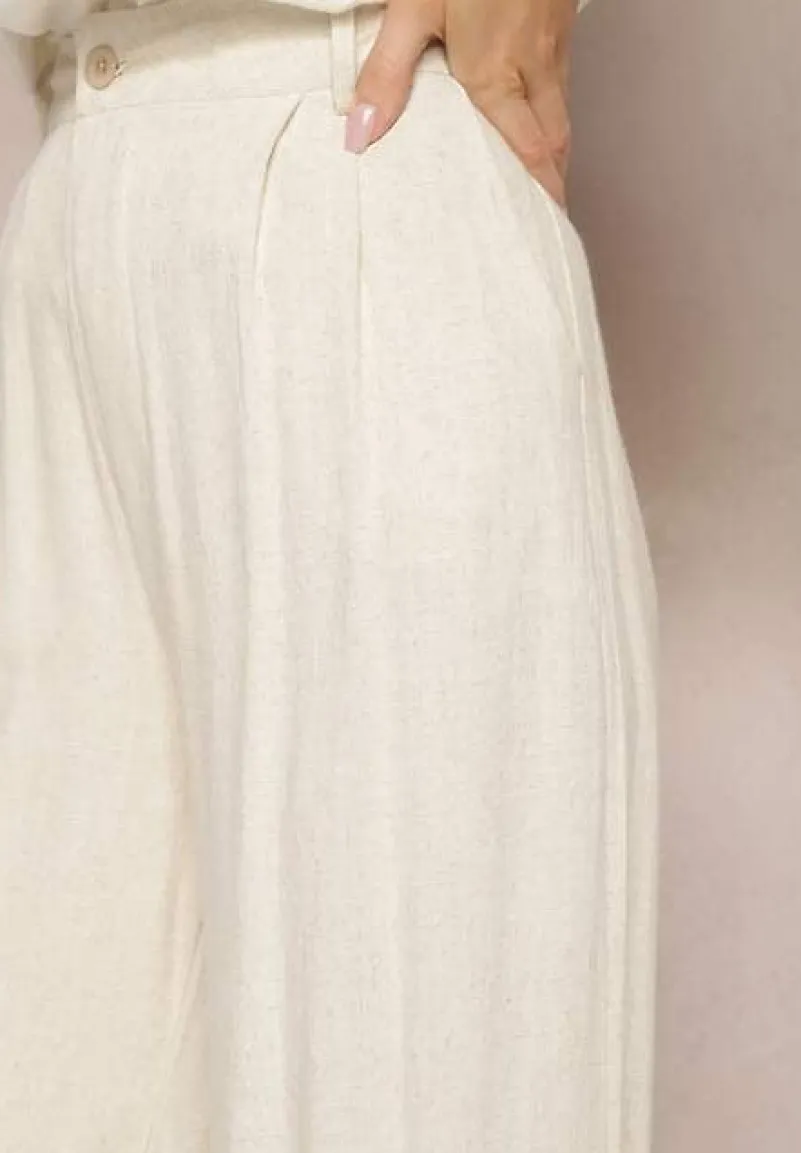 Beżowe Szerokie Spodnie High Waist z Lnu i Wiskozy Apoises
