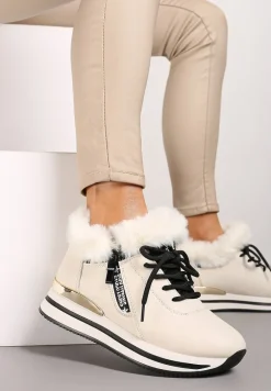 Beżowe Sznurowane Botki Sneakersy z Futerkiem Gameda