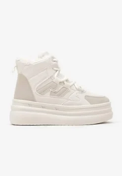 Beżowe Sznurowane Sneakersy na Tłoczonej Platformie Ozdobione z Boku Aplikacją Neathalie