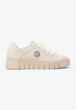 Beżowe Sznurowane Sneakersy Vices na Platformie z Tłoczeniem i Metaliczną Aplikacją Lavfedi