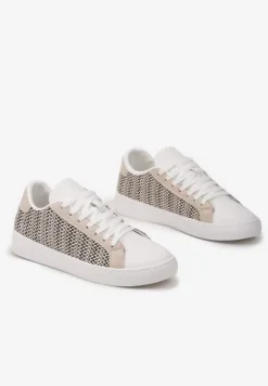 Beżowe Sznurowane Sneakersy z Materiałową Wstawką i Okrągłym Noskiem Bowlie