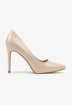 Beżowe Wysokie Szpilki z Lakierowanej Imitacji Skóry Banesi