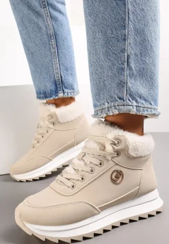 Beżowe Zimowe Sneakersy ze Sztucznym Futerkiem Turelia