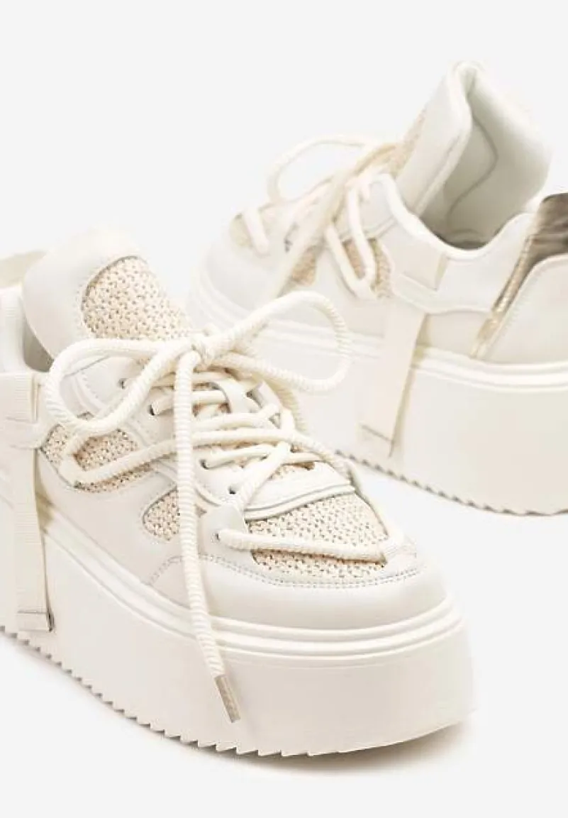 Beżowo-Białe Sneakersy na Platformie Ozdobione Sznurowaniem Vilvia