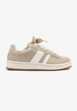 Beżowo-Białe Sneakersy Typu Kultowe Tenisówki Zdobione Paskami Nevellise