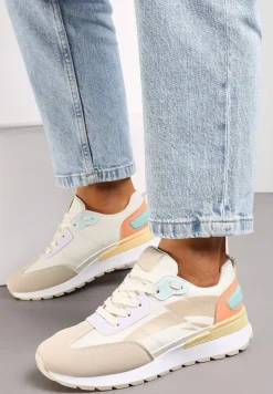 Beżowo-Białe Sznurowane Sneakersy z Materiałowymi Wstawkami Aneril