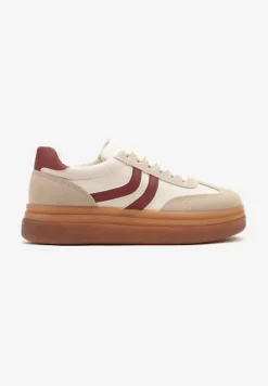 Beżowo-Bordowe Sneakersy Typu Kultowe Tenisówki na Niskiej Platformie Olritia