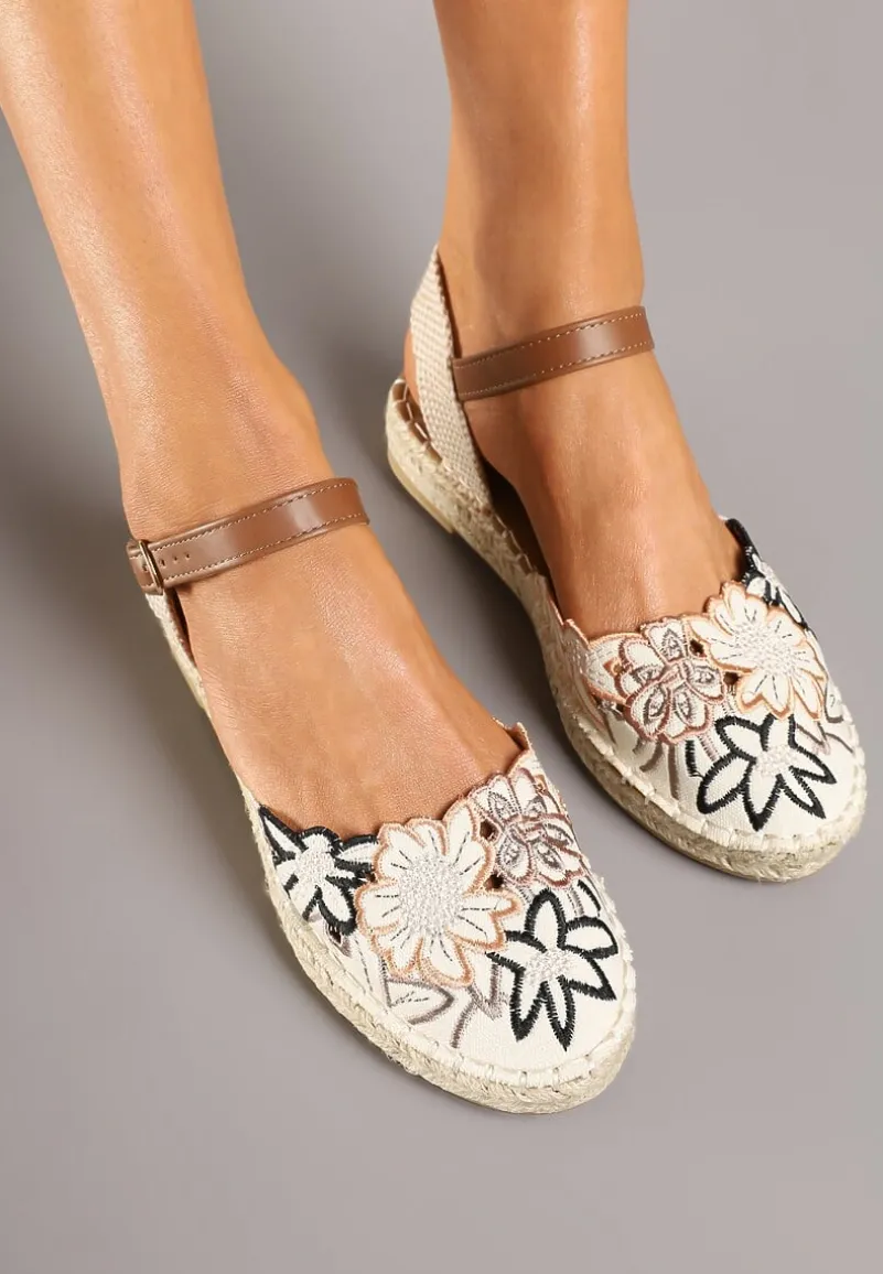 Beżowo-Brązowe Sandały w Stylu Espadryli z Plecionką i Haftem Lealisse