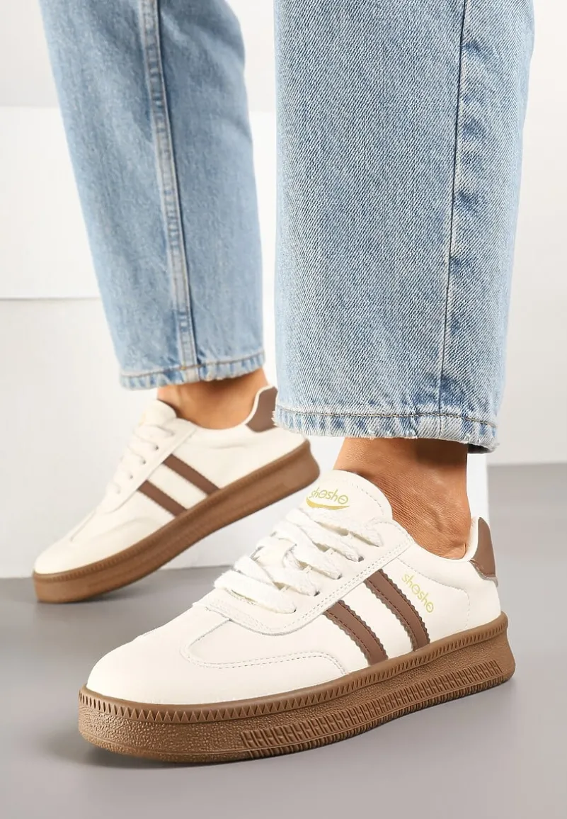 Beżowo-Brązowe Sneakersy Sportowe z Ozdobnymi Paskami i Przeszyciami Wenilan