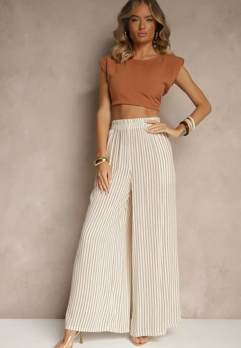 Beżowo-Brązowe Szerokie Spodnie High Waist w Paski z Bawełny Silorea