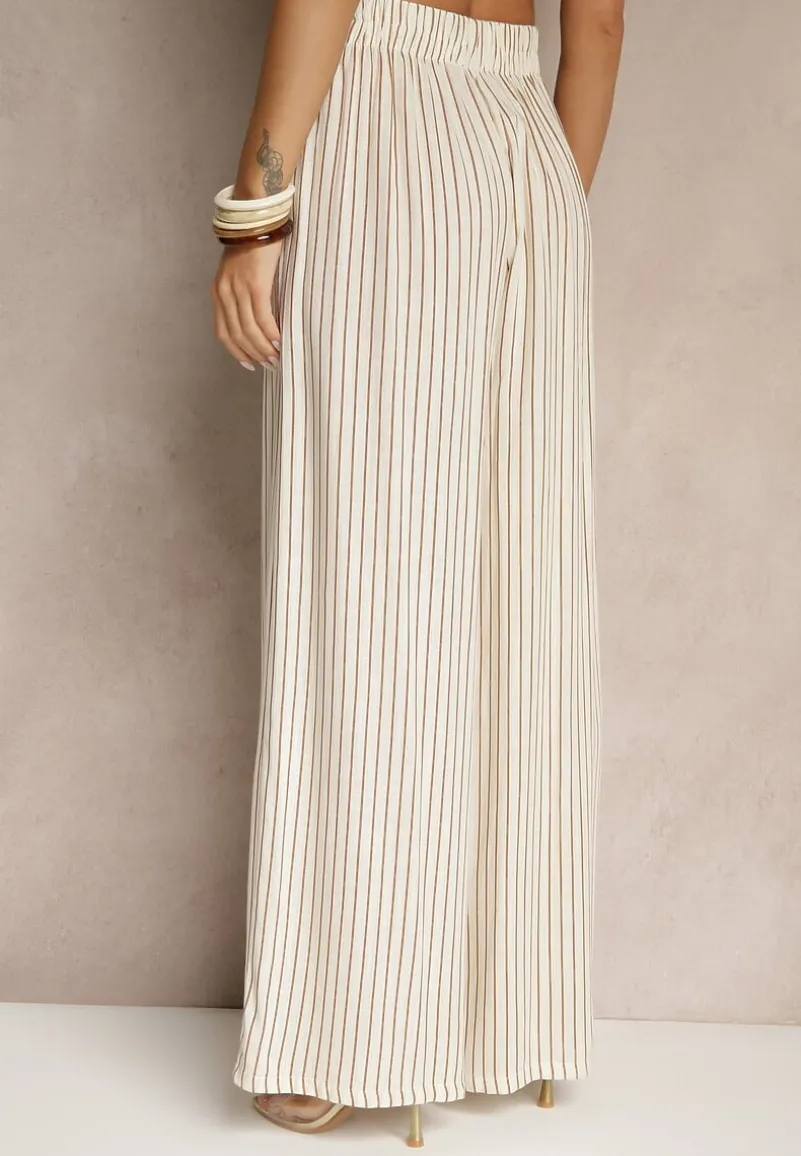 Beżowo-Brązowe Szerokie Spodnie High Waist w Paski z Bawełny Silorea