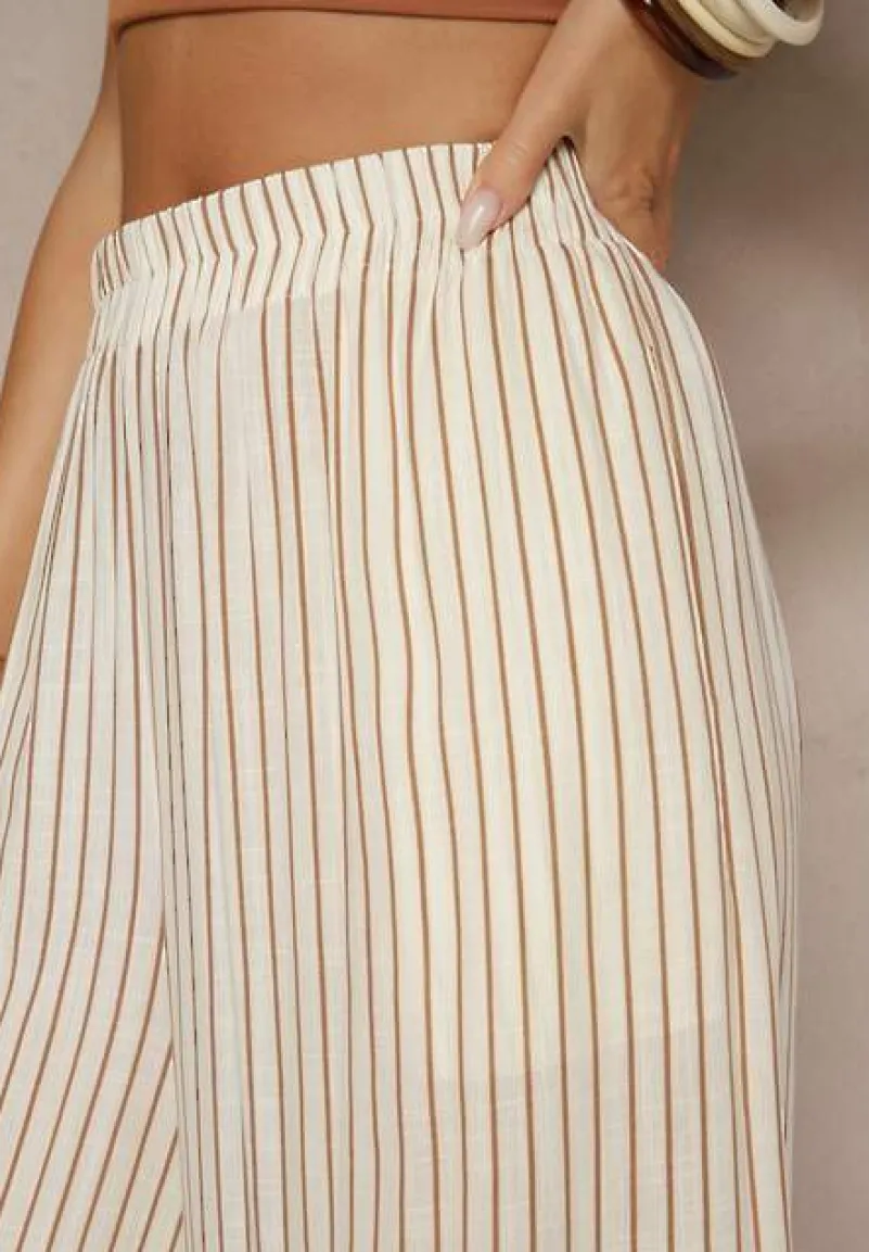 Beżowo-Brązowe Szerokie Spodnie High Waist w Paski z Bawełny Silorea