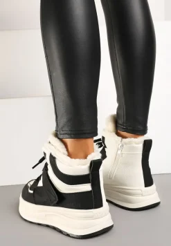 Beżowo-Czarne Płaskie Sneakersy za Kostkę z Ociepleniem Riavielle