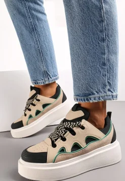 Beżowo-Czarne Sneakersy na Platformie Nazario