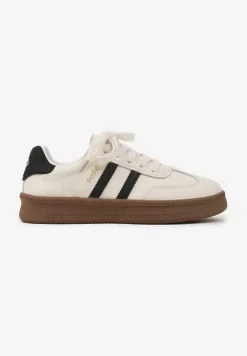 Beżowo-Czarne Sneakersy Sportowe z Ozdobnymi Paskami i Przeszyciami Wenilan