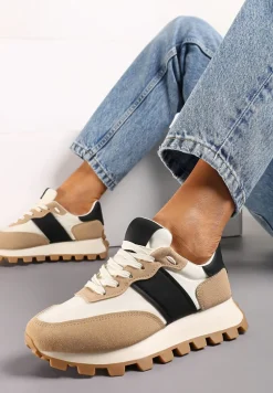 Beżowo-Czarne Sznurowane Sneakersy na Podeszwie z Bieżnikiem Ozdobione Przeszyciami Flipa