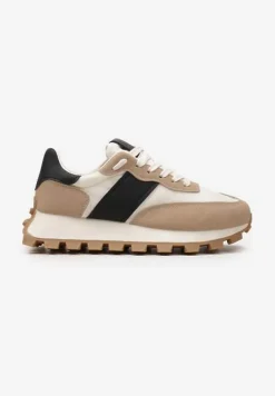 Beżowo-Czarne Sznurowane Sneakersy na Podeszwie z Bieżnikiem Ozdobione Przeszyciami Flipa