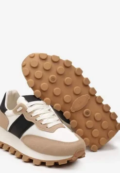 Beżowo-Czarne Sznurowane Sneakersy na Podeszwie z Bieżnikiem Ozdobione Przeszyciami Flipa