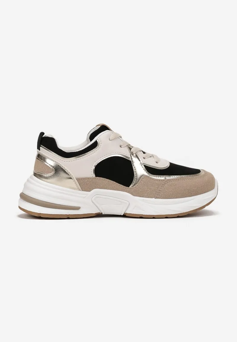 Beżowo-Czarne Sznurowane Sneakersy Ozdobione Metaliczną Wstawką Kizria
