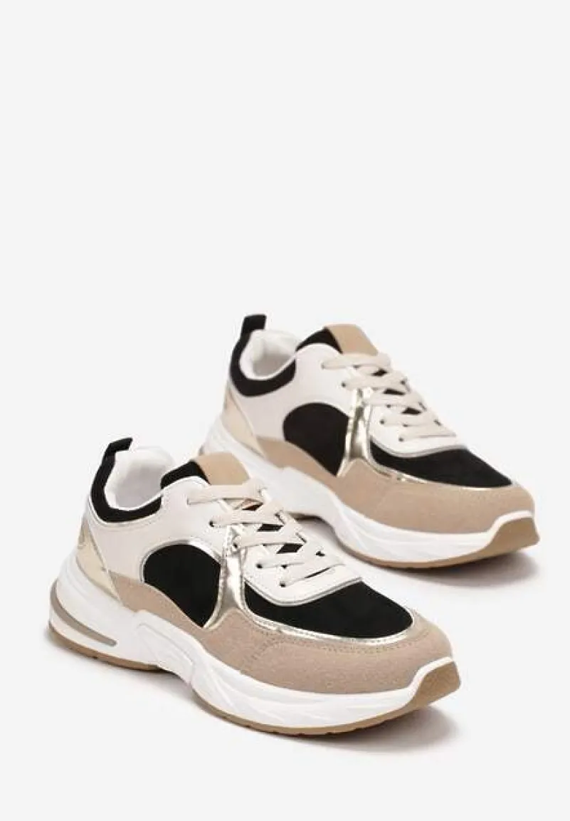 Beżowo-Czarne Sznurowane Sneakersy Ozdobione Metaliczną Wstawką Kizria