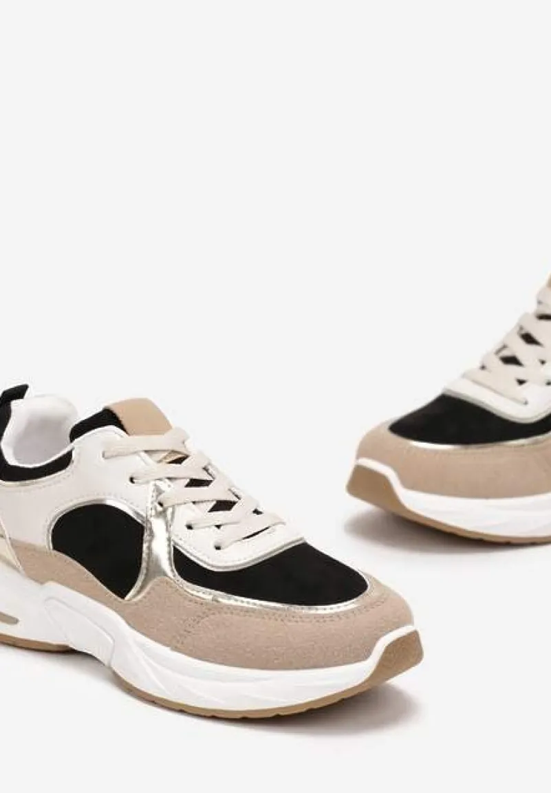 Beżowo-Czarne Sznurowane Sneakersy Ozdobione Metaliczną Wstawką Kizria