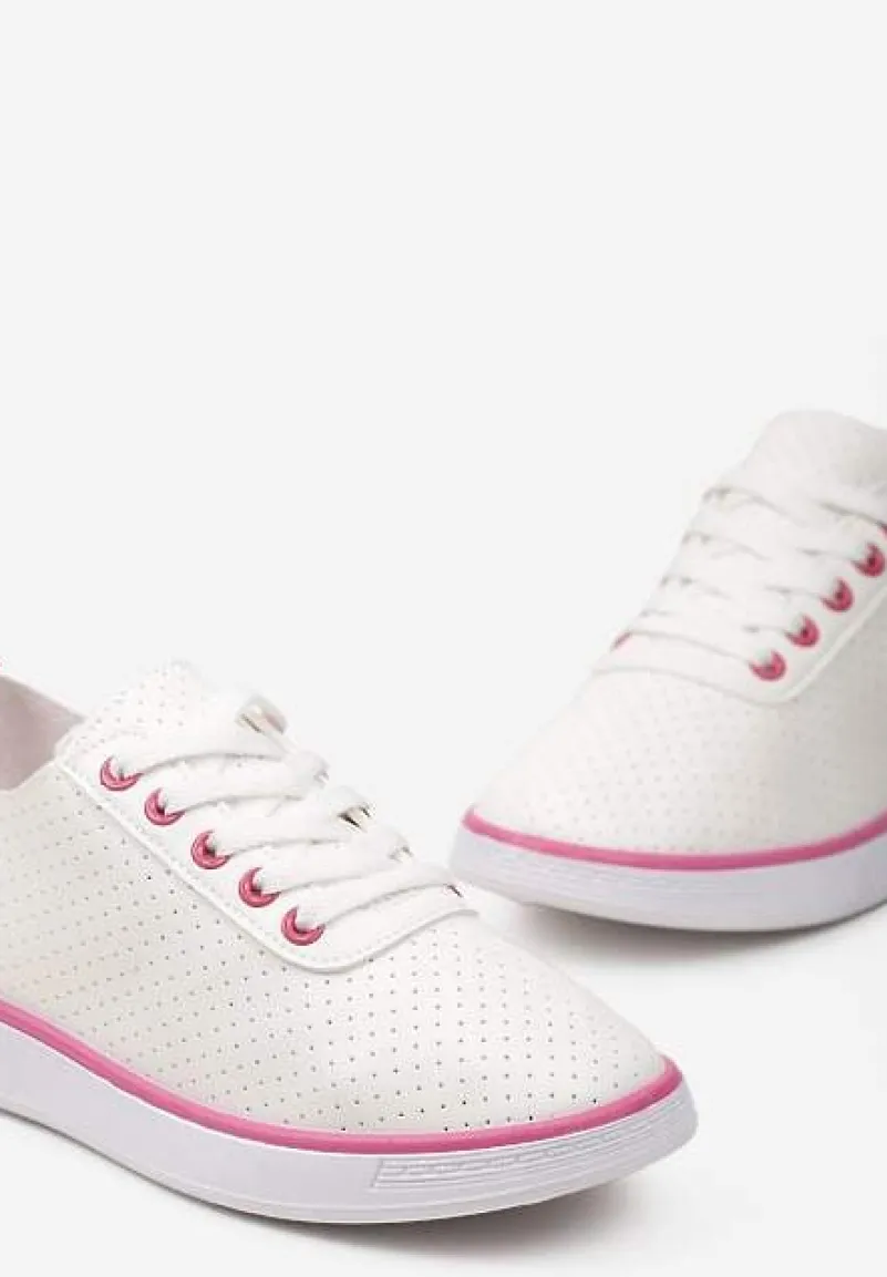 Beżowo-Fuksjowe Sznurowane Tenisówki z Ozdobną Taśmą na Tyle i Perforacją Kavinna