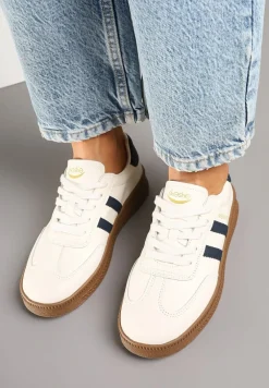 Beżowo-Granatowe Sneakersy Sportowe z Ozdobnymi Paskami i Przeszyciami Wenilan