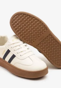 Beżowo-Granatowe Sneakersy Sportowe z Ozdobnymi Paskami i Przeszyciami Wenilan