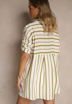 Beżowo-Zielona Bawełniana Koszula Ozdobiona Paskami Adsona
