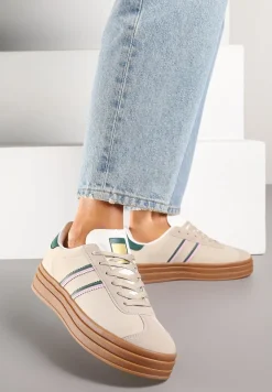 Beżowo-Zielone Klasyczne Sneakersy na Niewysokiej Platformie Terilee