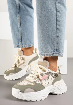 Beżowo-Zielone Sneakersy Streetwearowe na Grubej Podeszwie Waniffia