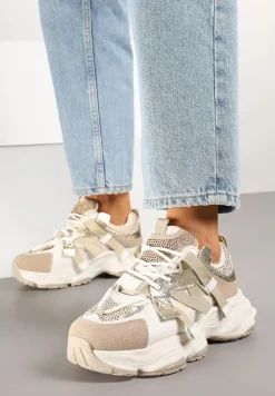 Beżowo-Złote Streetwearowe Sneakersy z Cyrkoniami na Tłoczonej Podeszwie Avelivia