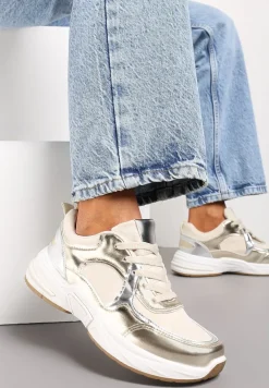 Beżowo-Złote Sznurowane Sneakersy Ozdobione Metaliczną Wstawką Kizria