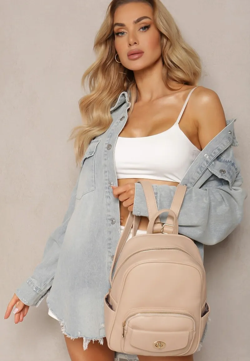 Beżowy Mały Plecak w Stylu Casual z Imitacji Skóry Arxena