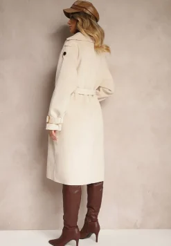 Beżowy Dwurzędowy Płaszcz Trencz o Eleganckim Kroju z Paskiem Edioneta