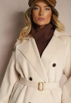Beżowy Dwurzędowy Płaszcz Trencz o Eleganckim Kroju z Paskiem Edioneta