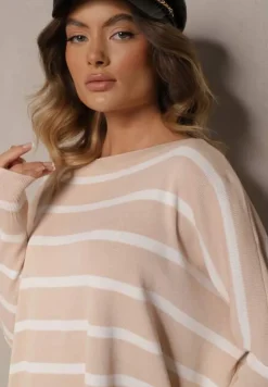 Beżowy Oversizowy Sweter z Rękawami o Fasonie Nietoperz i Wzorem w Paski Eistauma