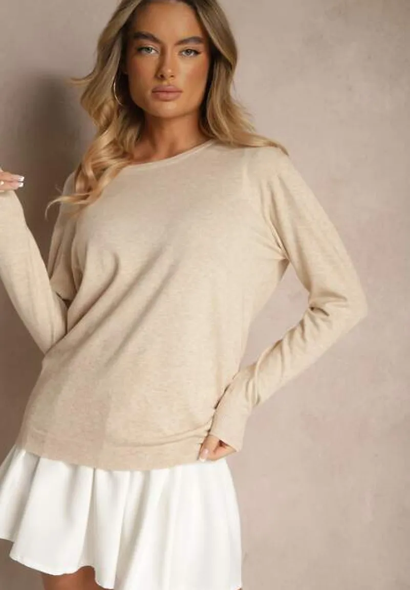 Beżowy Sweter z Dodatkiem Kaszmiru Ozdobiony Ściągaczami Sanadora