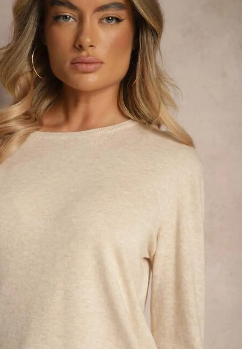 Beżowy Sweter z Dodatkiem Kaszmiru Ozdobiony Ściągaczami Sanadora