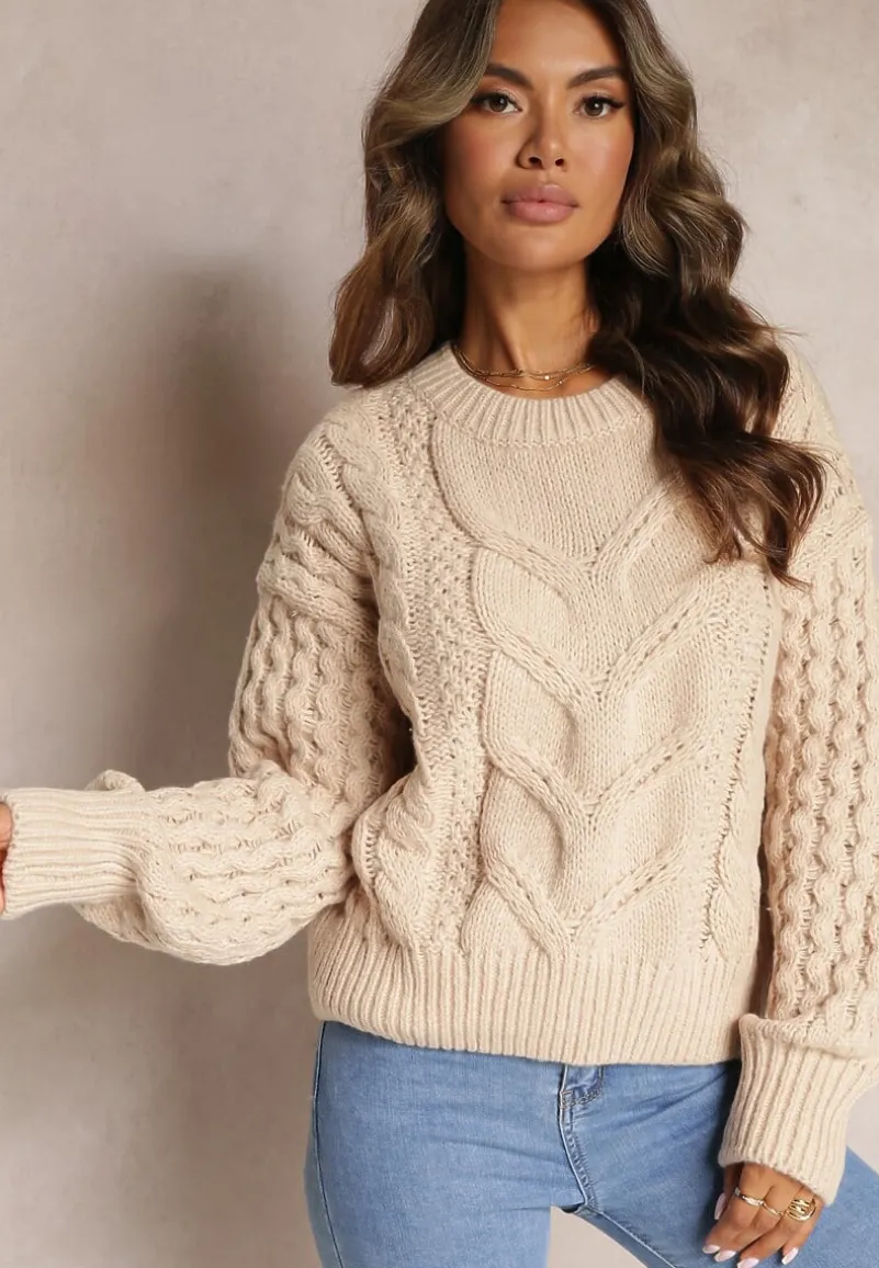 Beżowy Sweter z Wełną i Bawełną w Warkoczykowy Splot Kestina